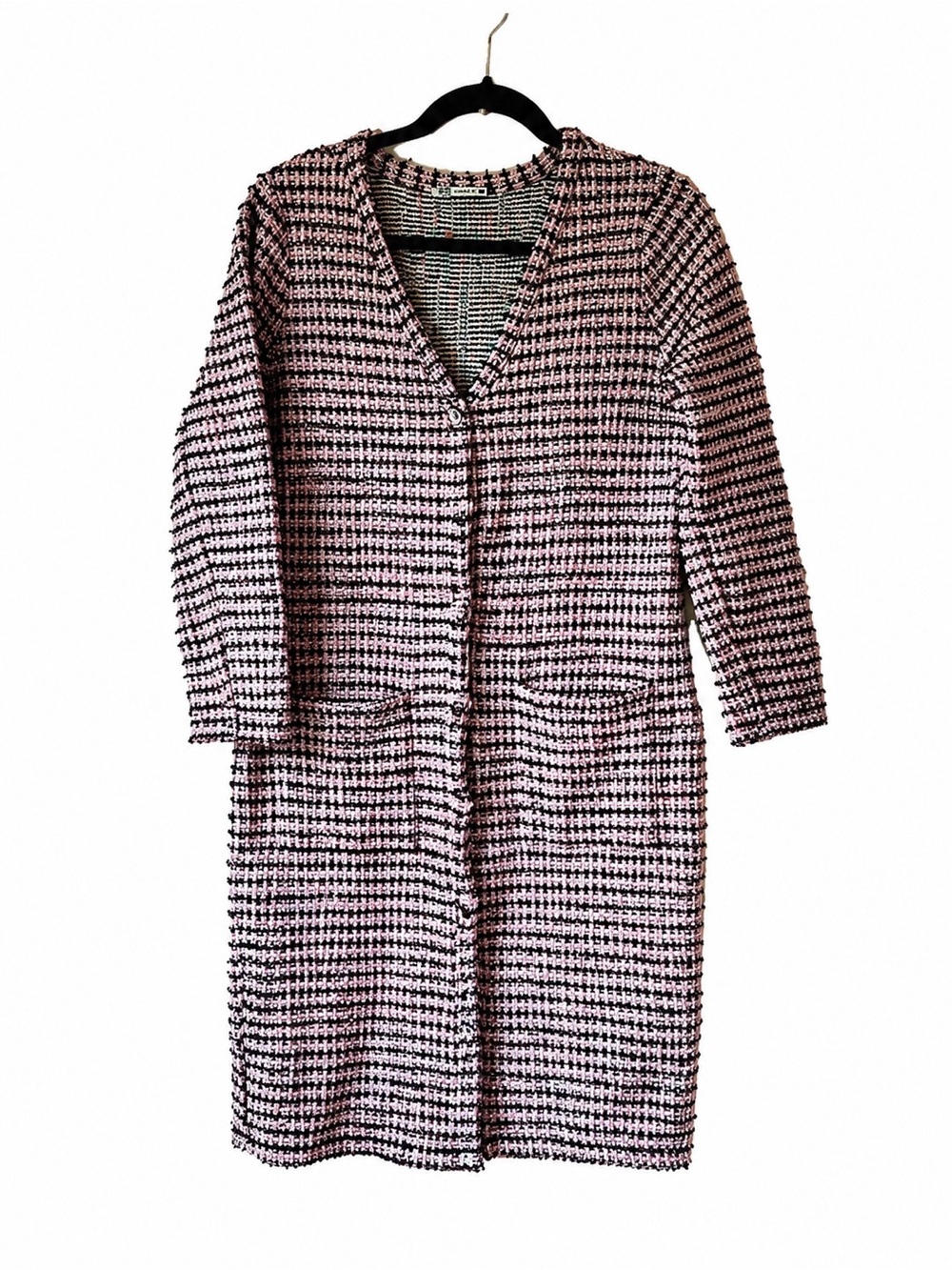 ZARA Bouclé Knit Long Cardigan Pink Black White Textured Coatigan M
